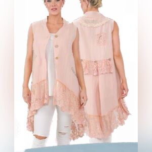 Pink linen Sleeveless Duster with Lace Details